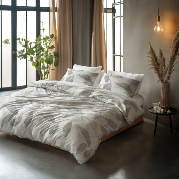 100% Cotton Duvet Cover Set Foilage | Silver Grey | Double - 200cm (W) x 200/220cm (L) - The Bedding & Blankets Store