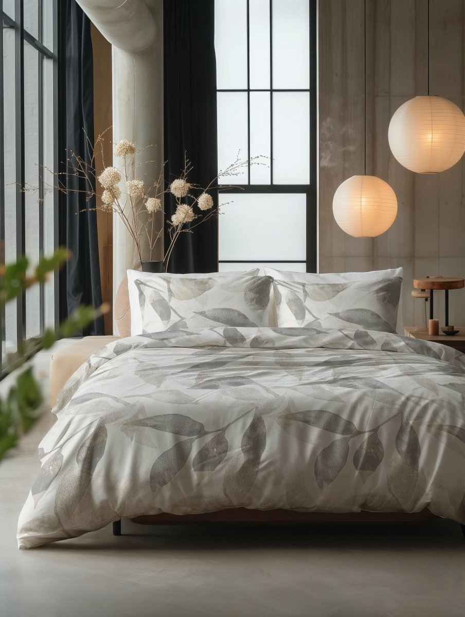 100% Cotton Duvet Cover Set Foilage | Silver Grey | Double - 200cm (W) x 200/220cm (L) - The Bedding & Blankets Store