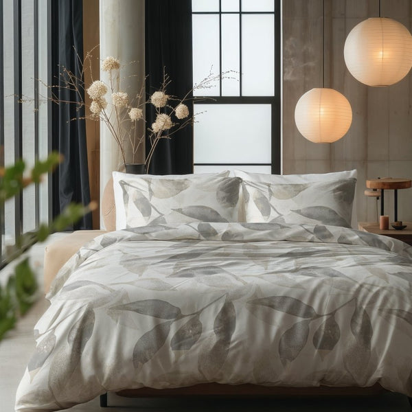 100% Cotton Duvet Cover Set Foilage | Silver Grey | Double - 200cm (W) x 200/220cm (L) - The Bedding & Blankets Store