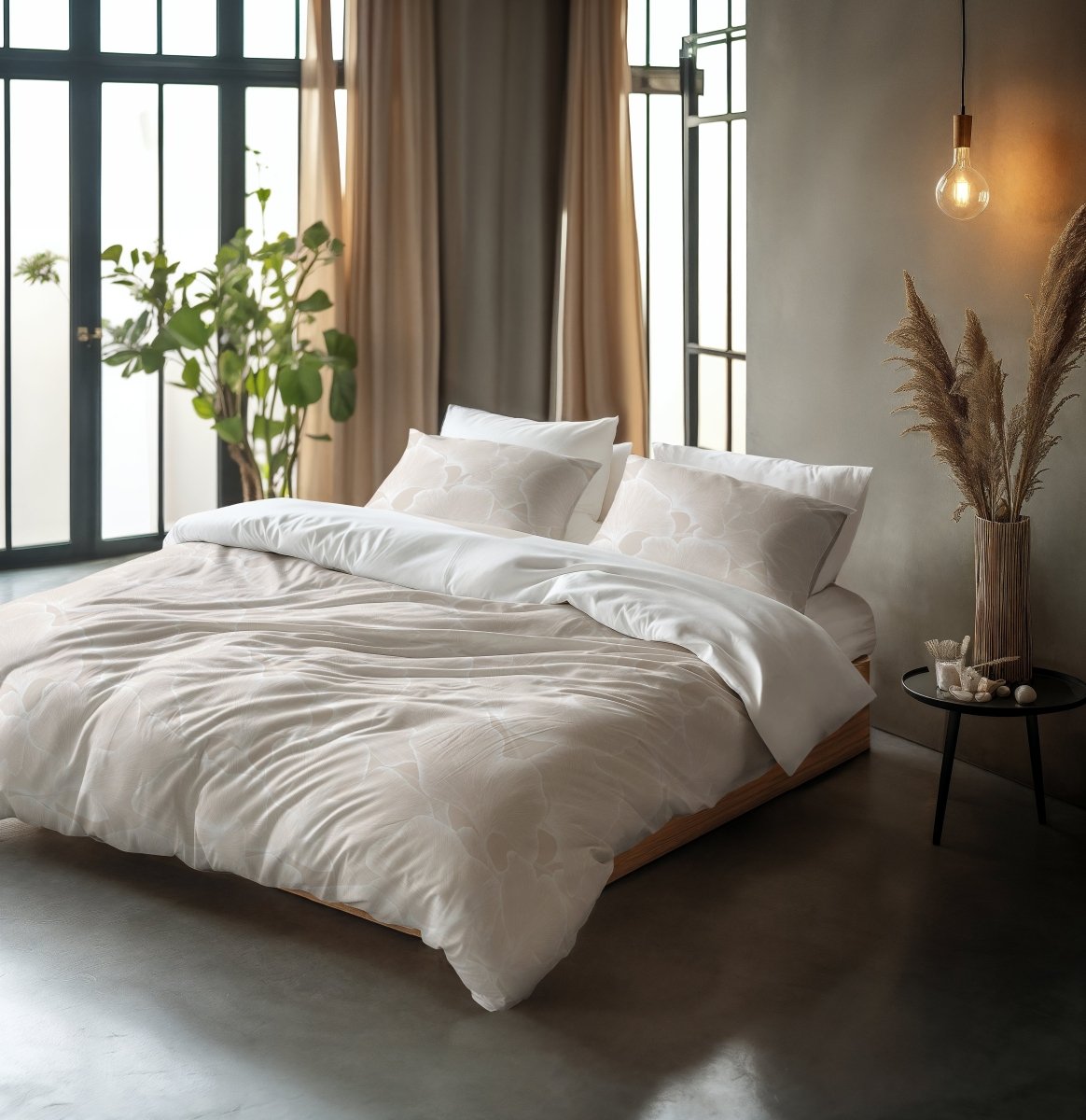 100% Cotton Duvet Cover Set Ginkgo | Sand/Grey | Double - 200cm (W) x 200/220cm (L) - The Bedding & Blankets Store