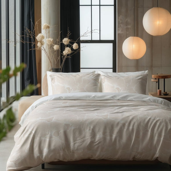 100% Cotton Duvet Cover Set Ginkgo | Sand/Grey | Double - 200cm (W) x 200/220cm (L) - The Bedding & Blankets Store