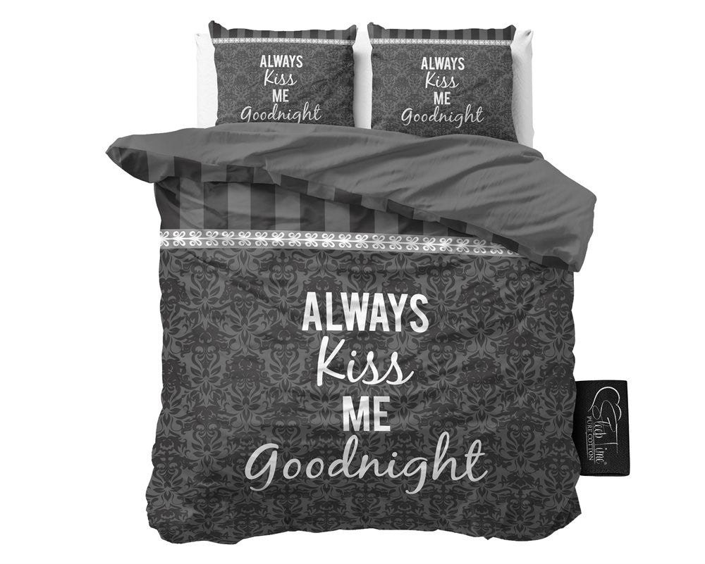100% Cotton Duvet Cover Set Kiss Your Love | Grey | Single - 135cm (W) x 200/220cm (L) - The Bedding & Blankets Store