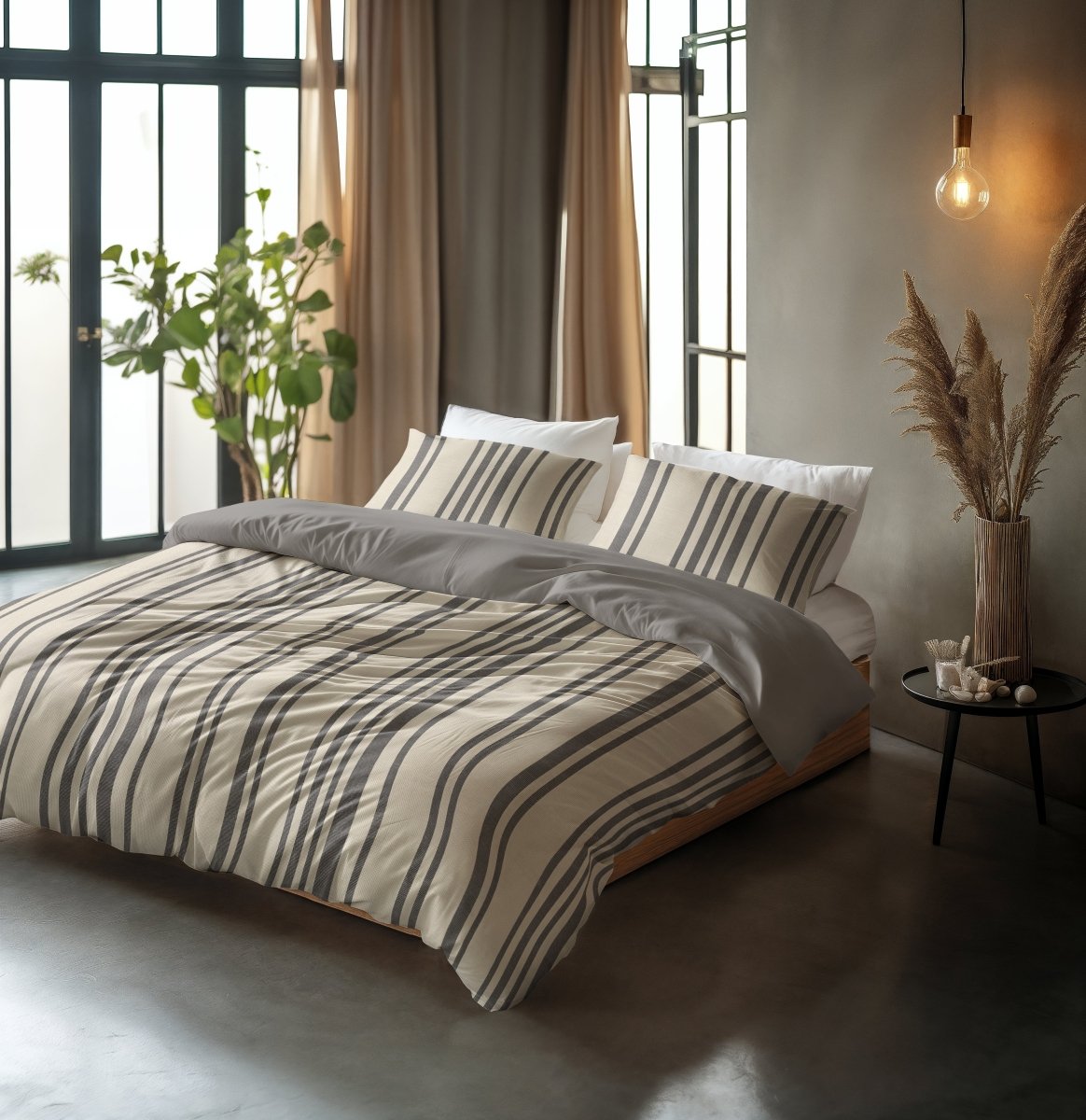 100% Cotton Duvet Cover Set Linear Linen | Sand | Single - 140cm (W) x 200/220cm (L) - The Bedding & Blankets Store
