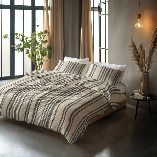 100% Cotton Duvet Cover Set Linear Linen | Sand | Single - 140cm (W) x 200/220cm (L) - The Bedding & Blankets Store