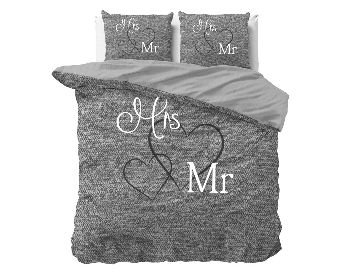 100% Cotton Duvet Cover Set Mr And Mrs 3 | Anthracite | Single - 135cm (W) x 200cm (L) - The Bedding & Blankets Store