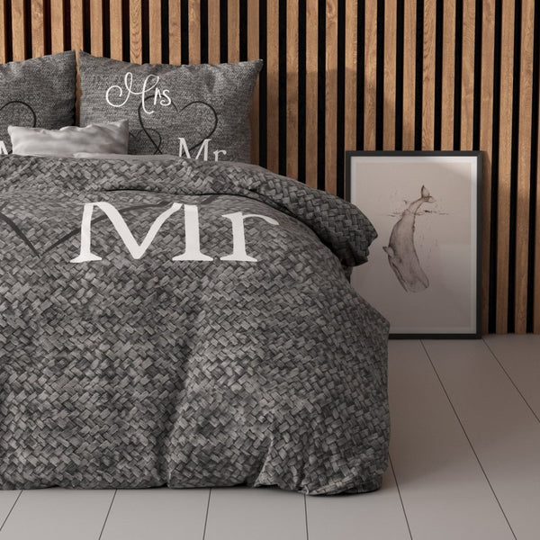 100% Cotton Duvet Cover Set Mr And Mrs 3 | Anthracite | Single - 135cm (W) x 200cm (L) - The Bedding & Blankets Store