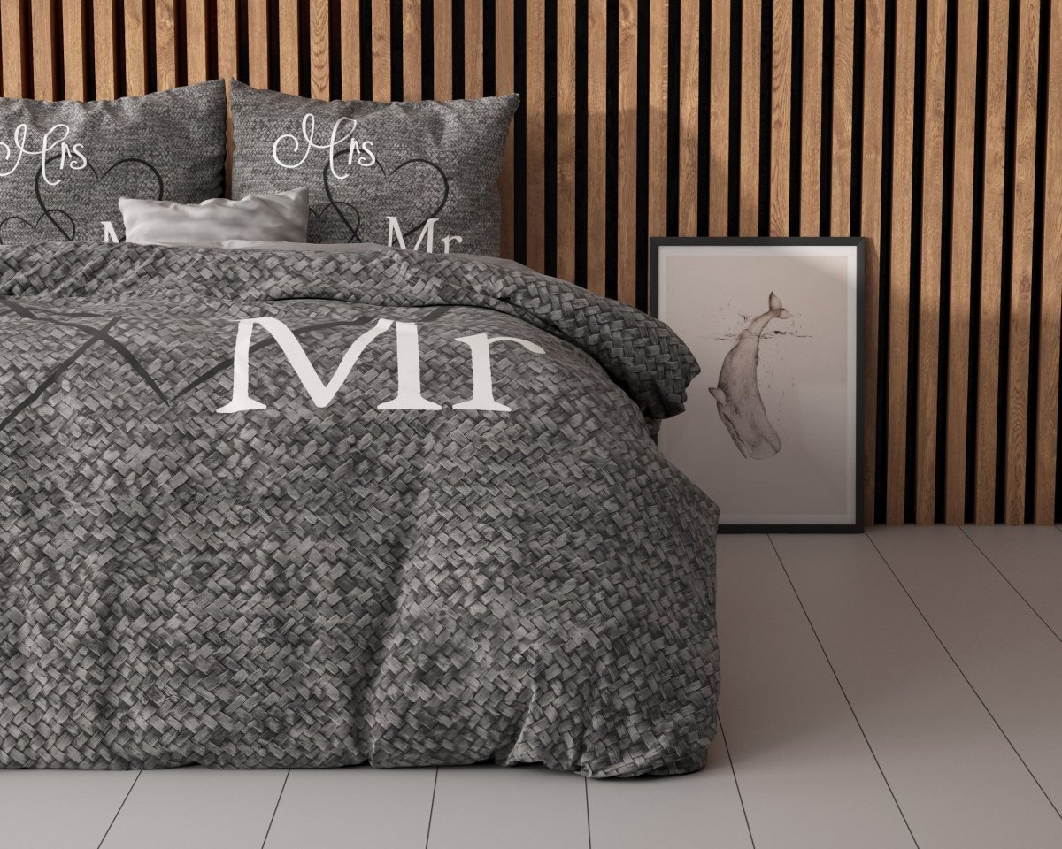 100% Cotton Duvet Cover Set Mr And Mrs 3 | Anthracite | Single - 135cm (W) x 200cm (L) - The Bedding & Blankets Store