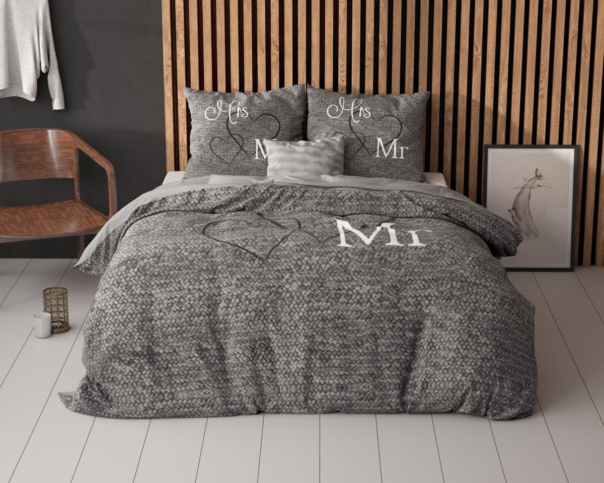 100% Cotton Duvet Cover Set Mr And Mrs 3 | Anthracite | Single - 135cm (W) x 200cm (L) - The Bedding & Blankets Store