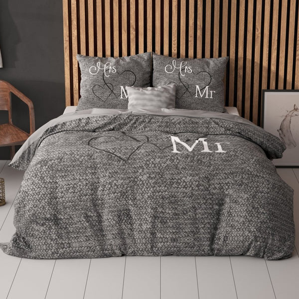 100% Cotton Duvet Cover Set Mr And Mrs 3 | Anthracite | Single - 135cm (W) x 200cm (L) - The Bedding & Blankets Store