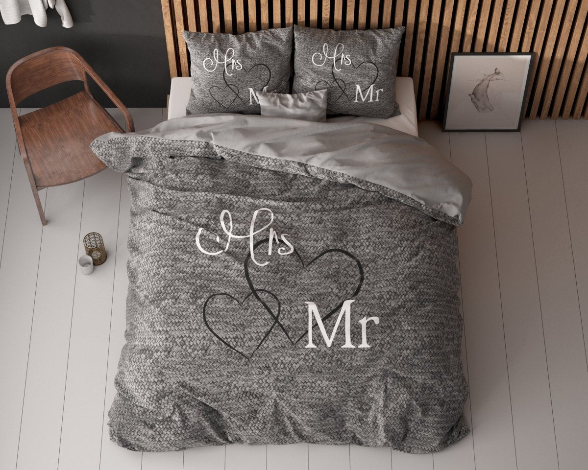 100% Cotton Duvet Cover Set Mr And Mrs 3 | Anthracite | Single - 135cm (W) x 200cm (L) - The Bedding & Blankets Store