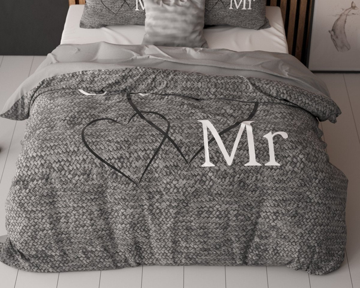 100% Cotton Duvet Cover Set Mr And Mrs 3 | Anthracite | Single - 135cm (W) x 200cm (L) - The Bedding & Blankets Store