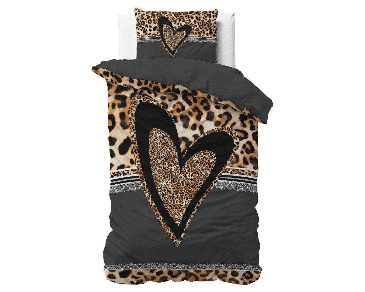 100% Cotton Duvet Cover Set Panther Love Heart | Brown | Single - 135cm (W) x 200cm (L) - The Bedding & Blankets Store