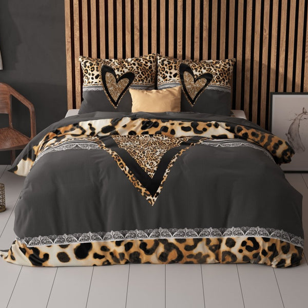 100% Cotton Duvet Cover Set Panther Love Heart | Brown | Single - 135cm (W) x 200cm (L) - The Bedding & Blankets Store