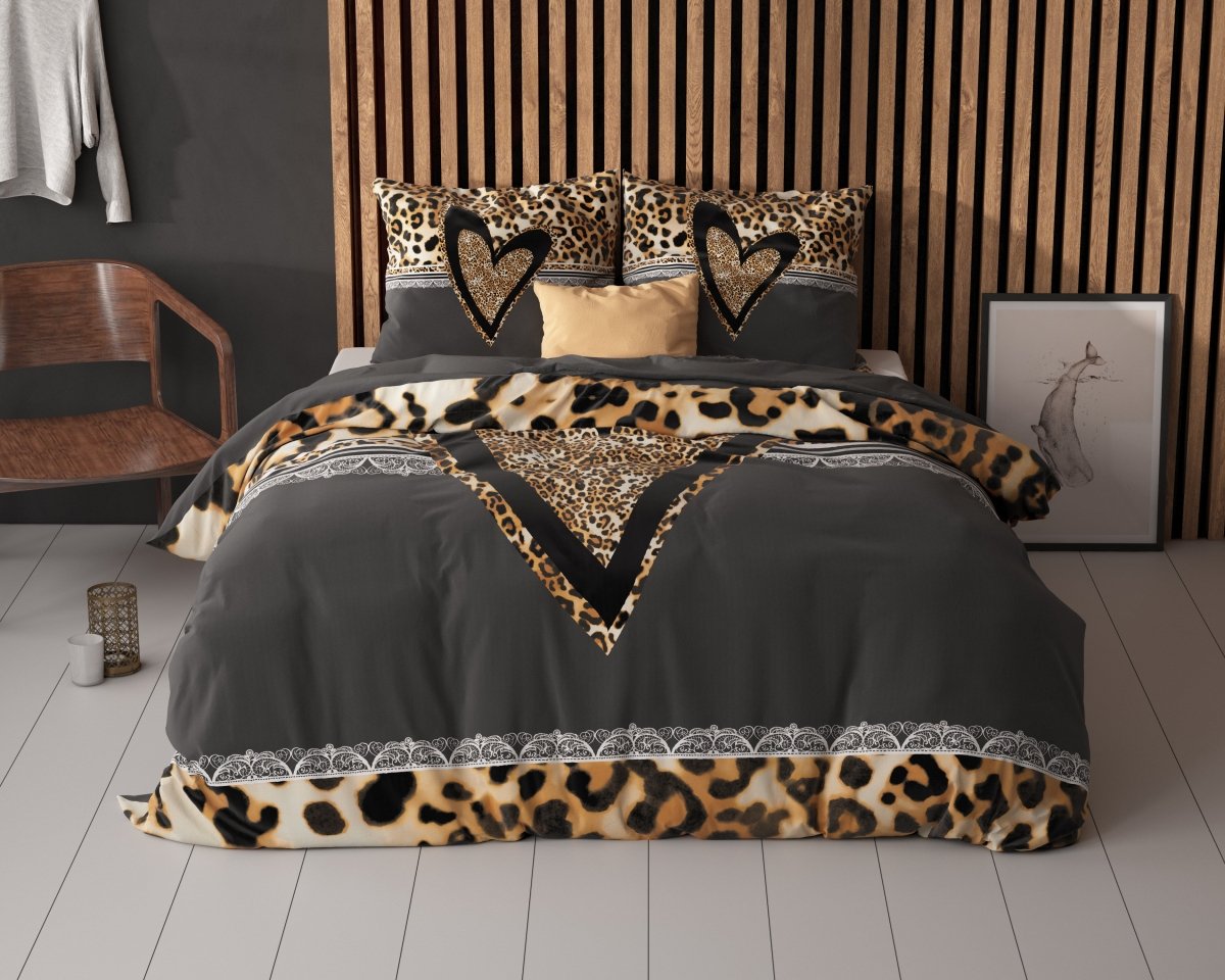 100% Cotton Duvet Cover Set Panther Love Heart | Brown | Single - 135cm (W) x 200cm (L) - The Bedding & Blankets Store