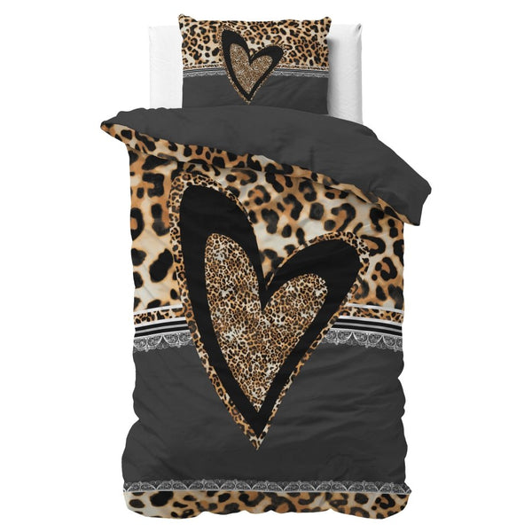 100% Cotton Duvet Cover Set Panther Love Heart | Brown | Single - 135cm (W) x 200cm (L) - The Bedding & Blankets Store