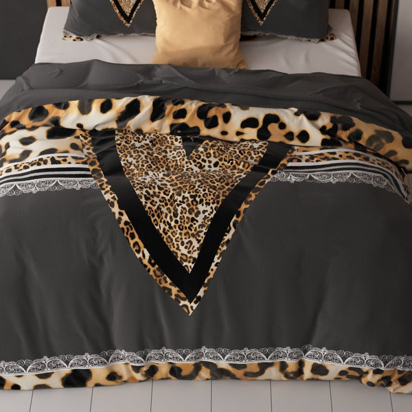 100% Cotton Duvet Cover Set Panther Love Heart | Brown | Single - 135cm (W) x 200cm (L) - The Bedding & Blankets Store