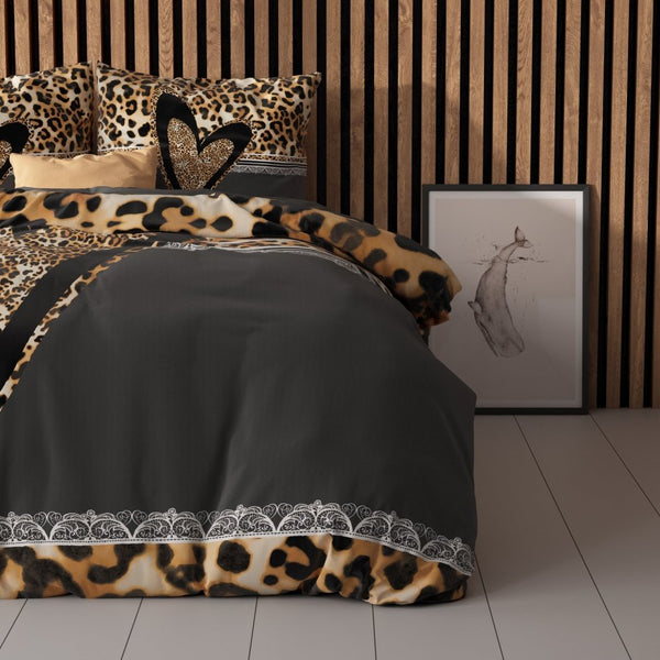 100% Cotton Duvet Cover Set Panther Love Heart | Brown | Single - 135cm (W) x 200cm (L) - The Bedding & Blankets Store