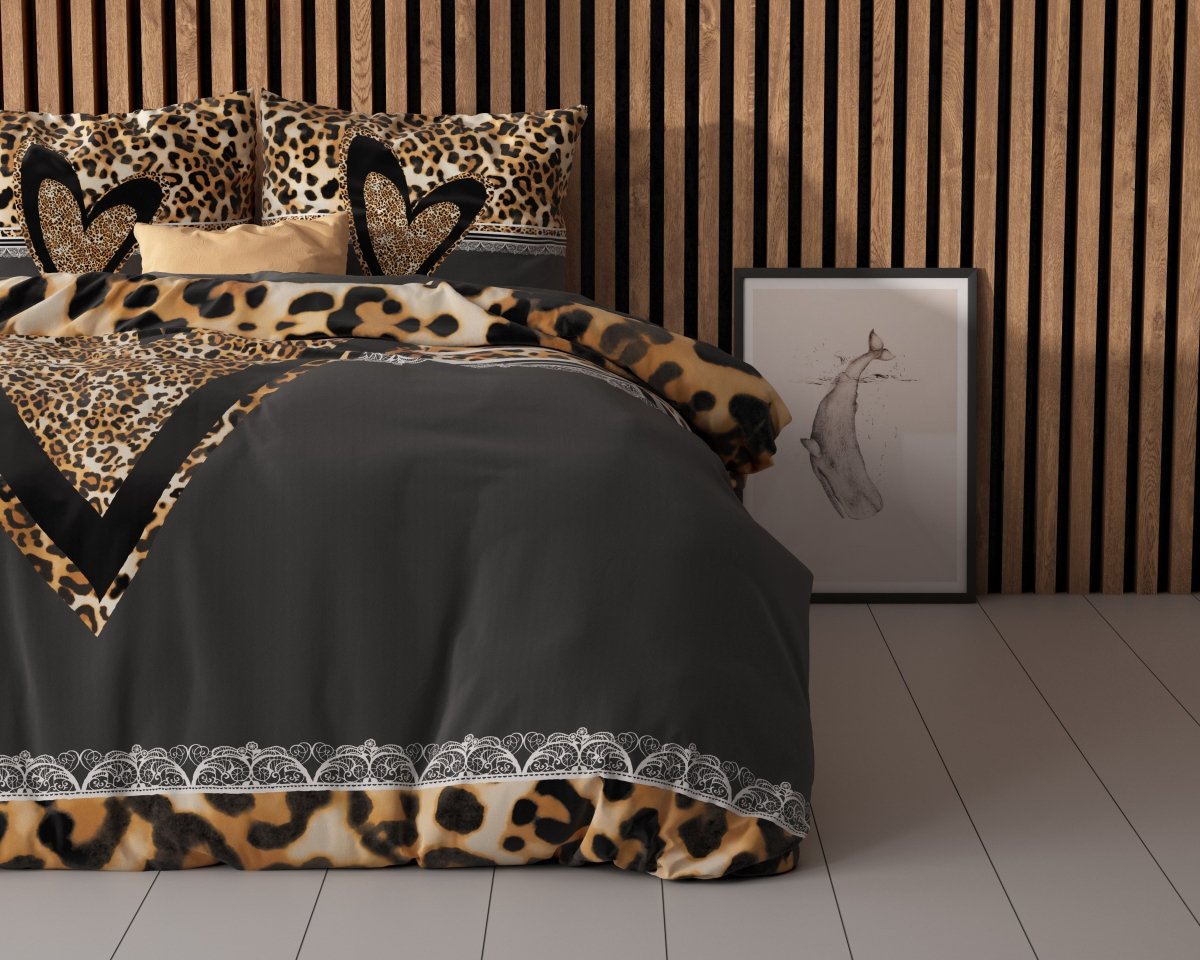 100% Cotton Duvet Cover Set Panther Love Heart | Brown | Single - 135cm (W) x 200cm (L) - The Bedding & Blankets Store