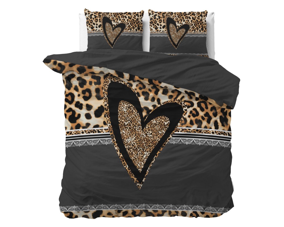 100% Cotton Duvet Cover Set Panther Love Heart | Brown | Single - 135cm (W) x 200cm (L) - The Bedding & Blankets Store