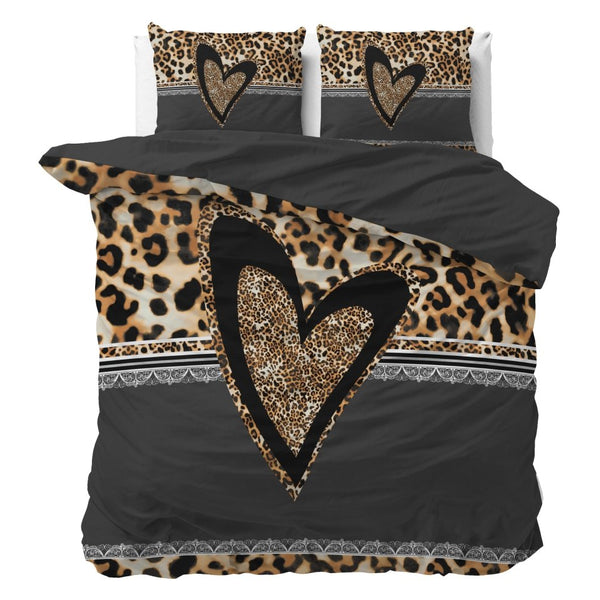 100% Cotton Duvet Cover Set Panther Love Heart | Brown | Single - 135cm (W) x 200cm (L) - The Bedding & Blankets Store