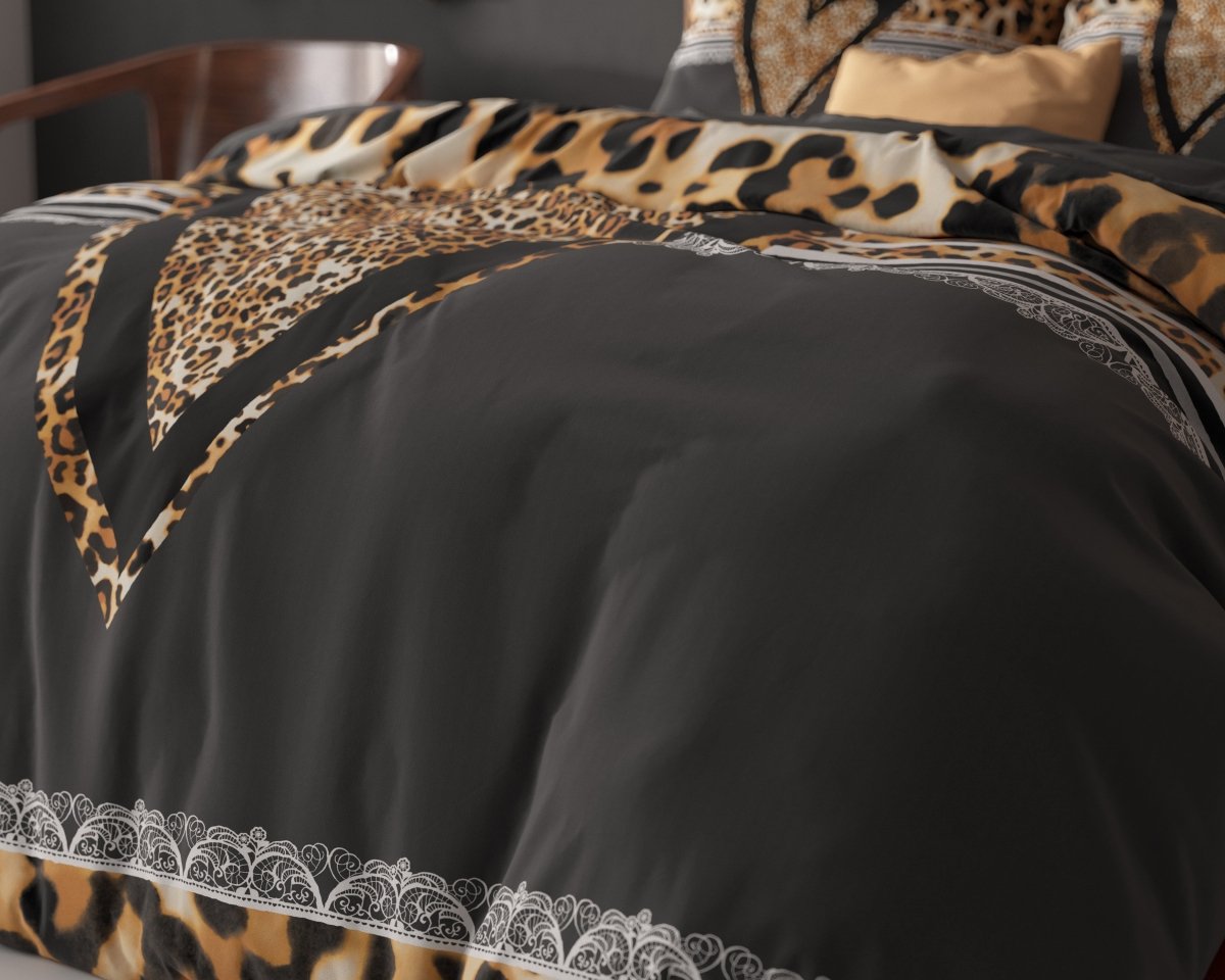 100% Cotton Duvet Cover Set Panther Love Heart | Brown | Single - 135cm (W) x 200cm (L) - The Bedding & Blankets Store