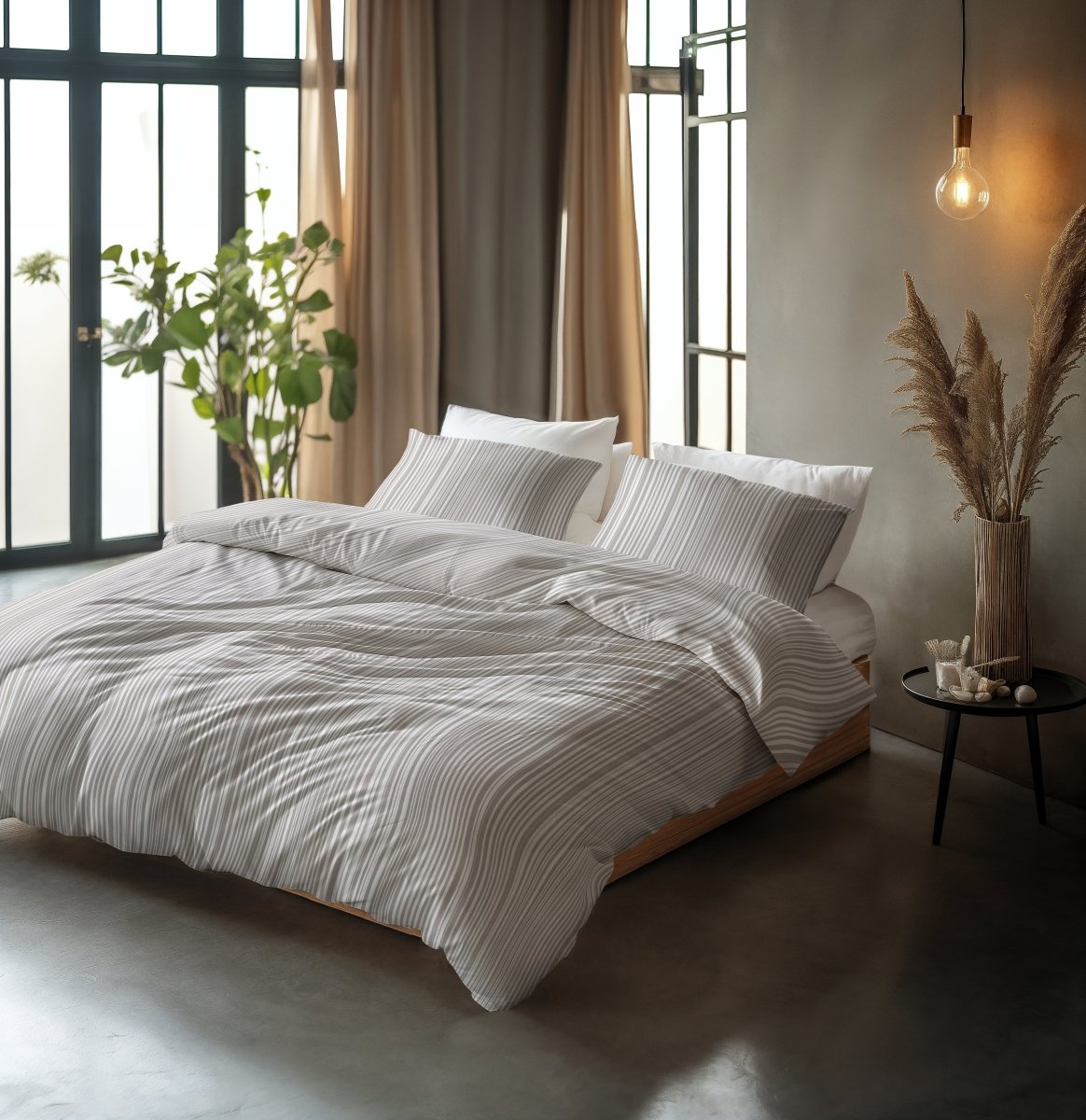 100% Cotton Duvet Cover Set Pinstripe | Taupe | King Long - 240cm (W) x 220cm (L) - The Bedding & Blankets Store