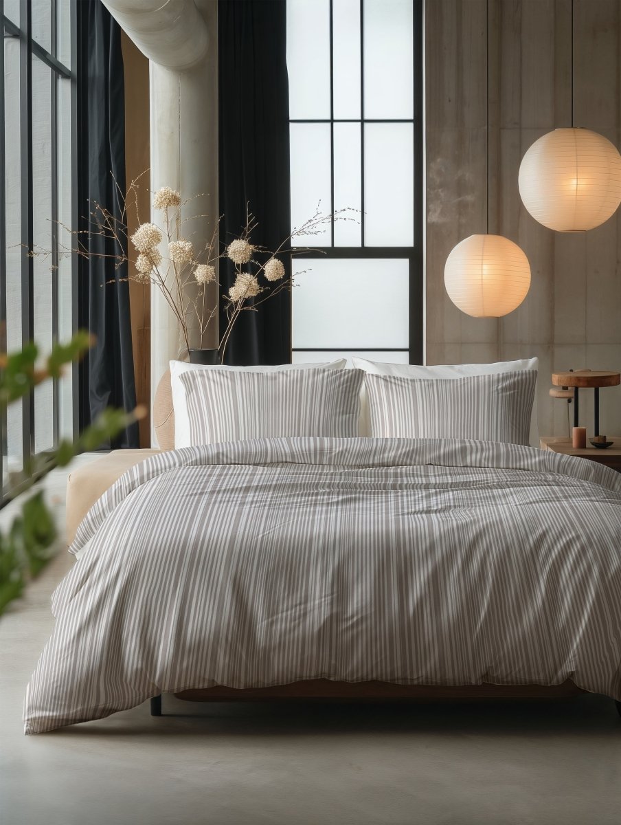 100% Cotton Duvet Cover Set Pinstripe | Taupe | King Long - 240cm (W) x 220cm (L) - The Bedding & Blankets Store