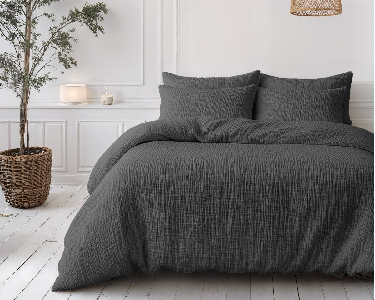 100% Cotton Muslin Lazy Duvet Mousseline | Anthracite | Double XL - 200cm (W) x 240cm (L) - The Bedding & Blankets Store