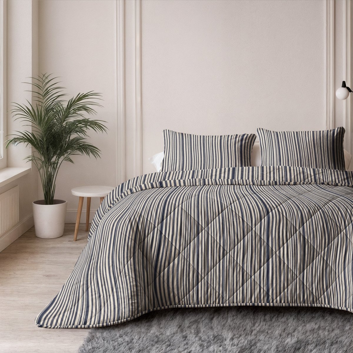100% Cotton Pillowcase Pair Stripy | Beige/Blue | 60cm x 70cm - The Bedding & Blankets Store