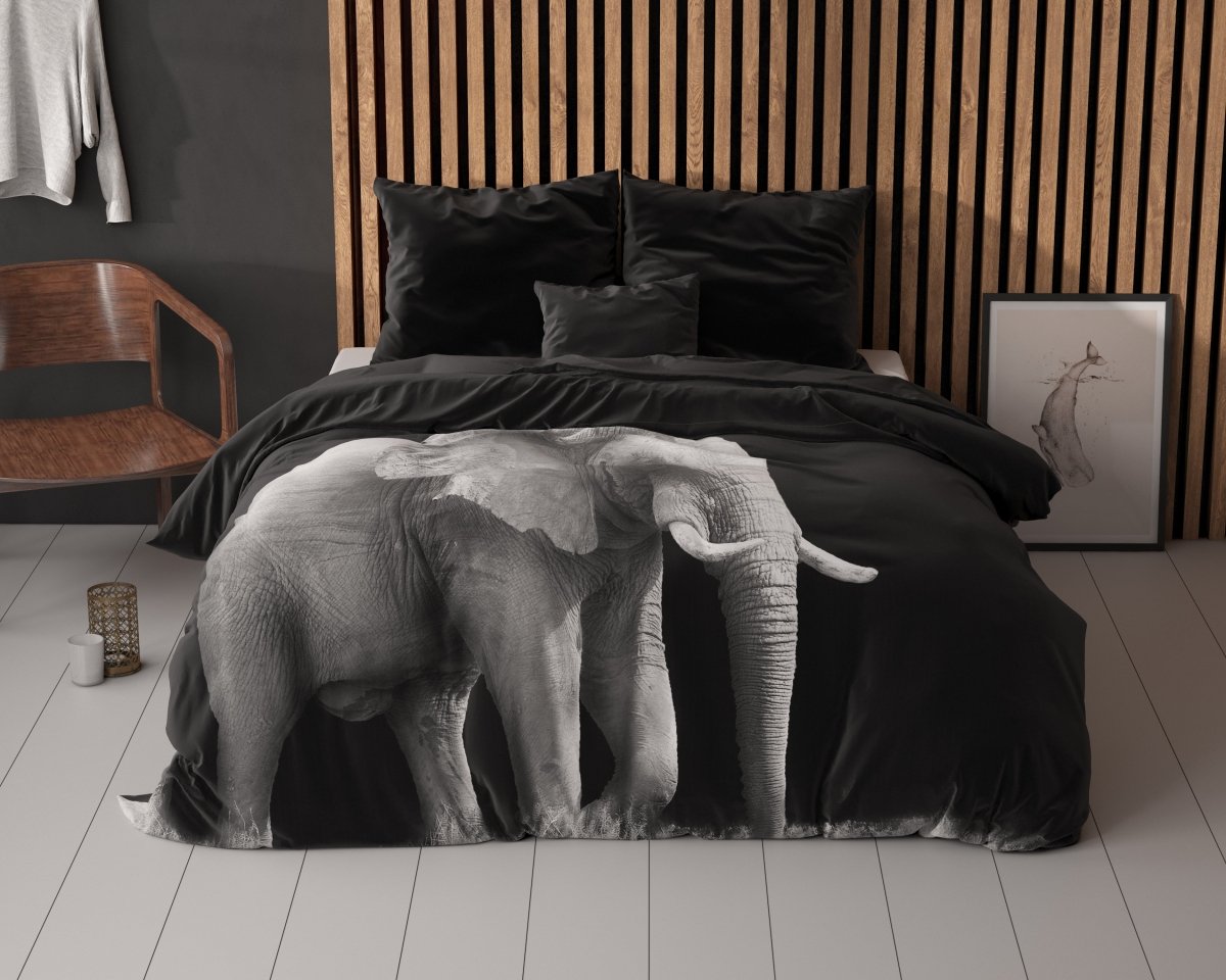 100% Microfibre Duvet Cover Set Elephant | Black | Single - 140cm (W) x 220cm (L) - The Bedding & Blankets Store