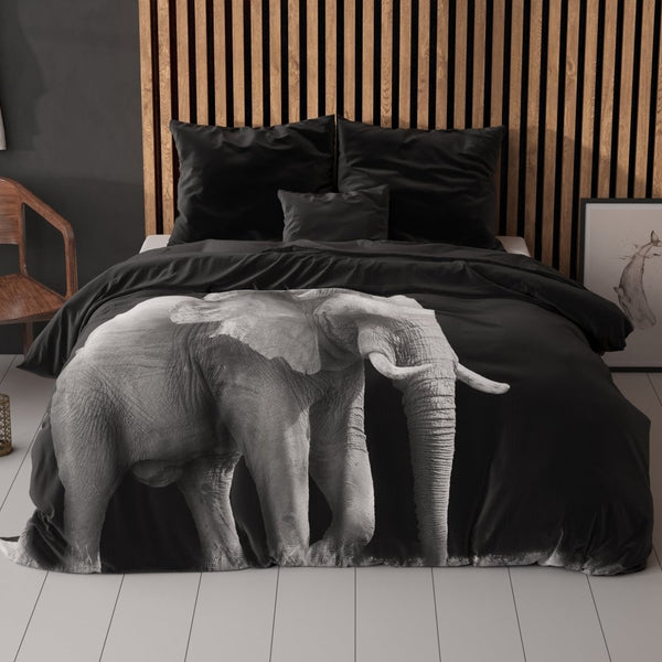 100% Microfibre Duvet Cover Set Elephant | Black | Single - 140cm (W) x 220cm (L) - The Bedding & Blankets Store