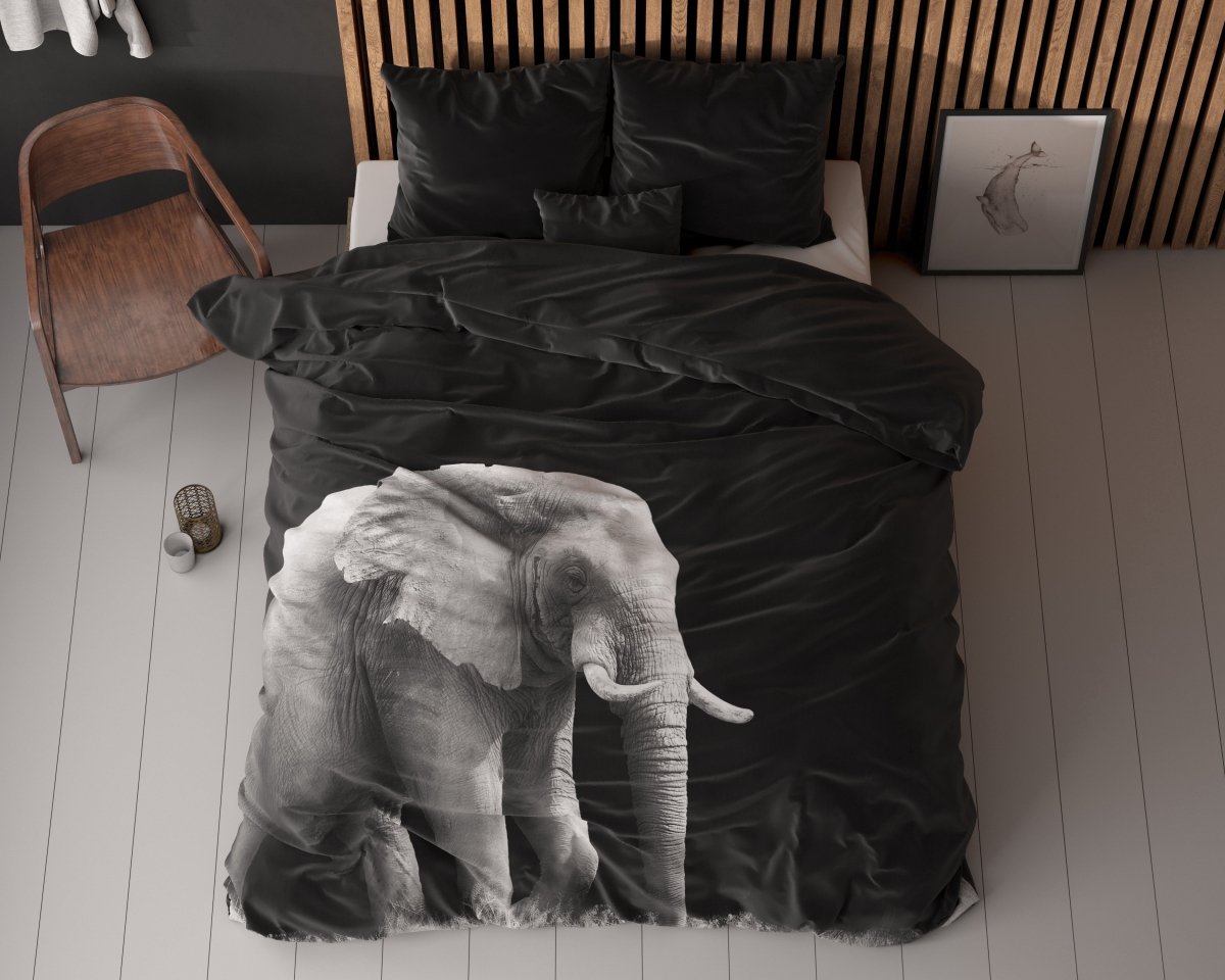 100% Microfibre Duvet Cover Set Elephant | Black | Single - 140cm (W) x 220cm (L) - The Bedding & Blankets Store