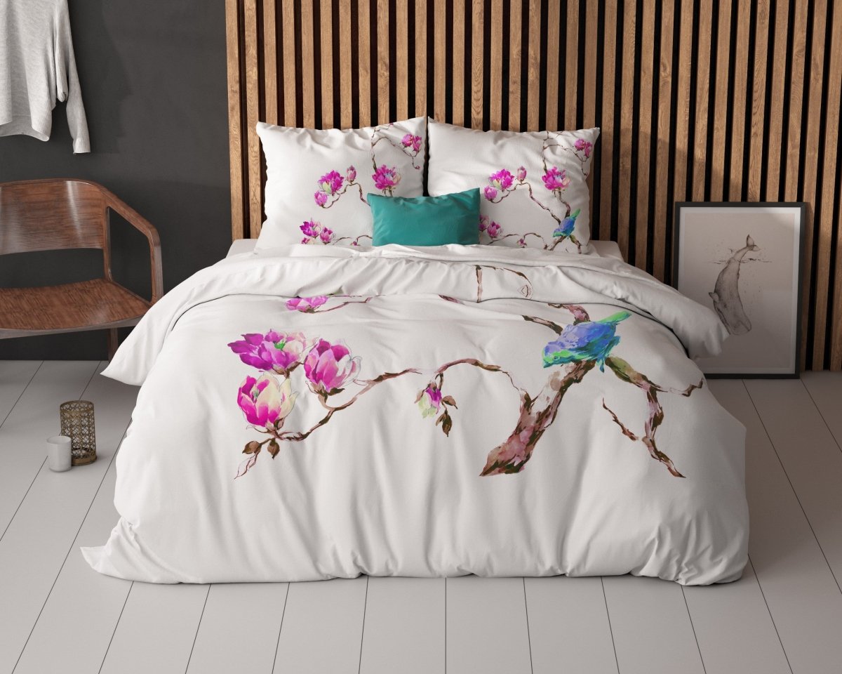 100% Microfibre Duvet Cover Set Magnolias | White | Single - 140cm (W) x 220cm (L) - The Bedding & Blankets Store