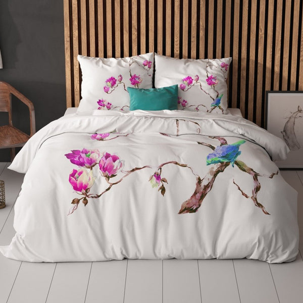 100% Microfibre Duvet Cover Set Magnolias | White | Single - 140cm (W) x 220cm (L) - The Bedding & Blankets Store