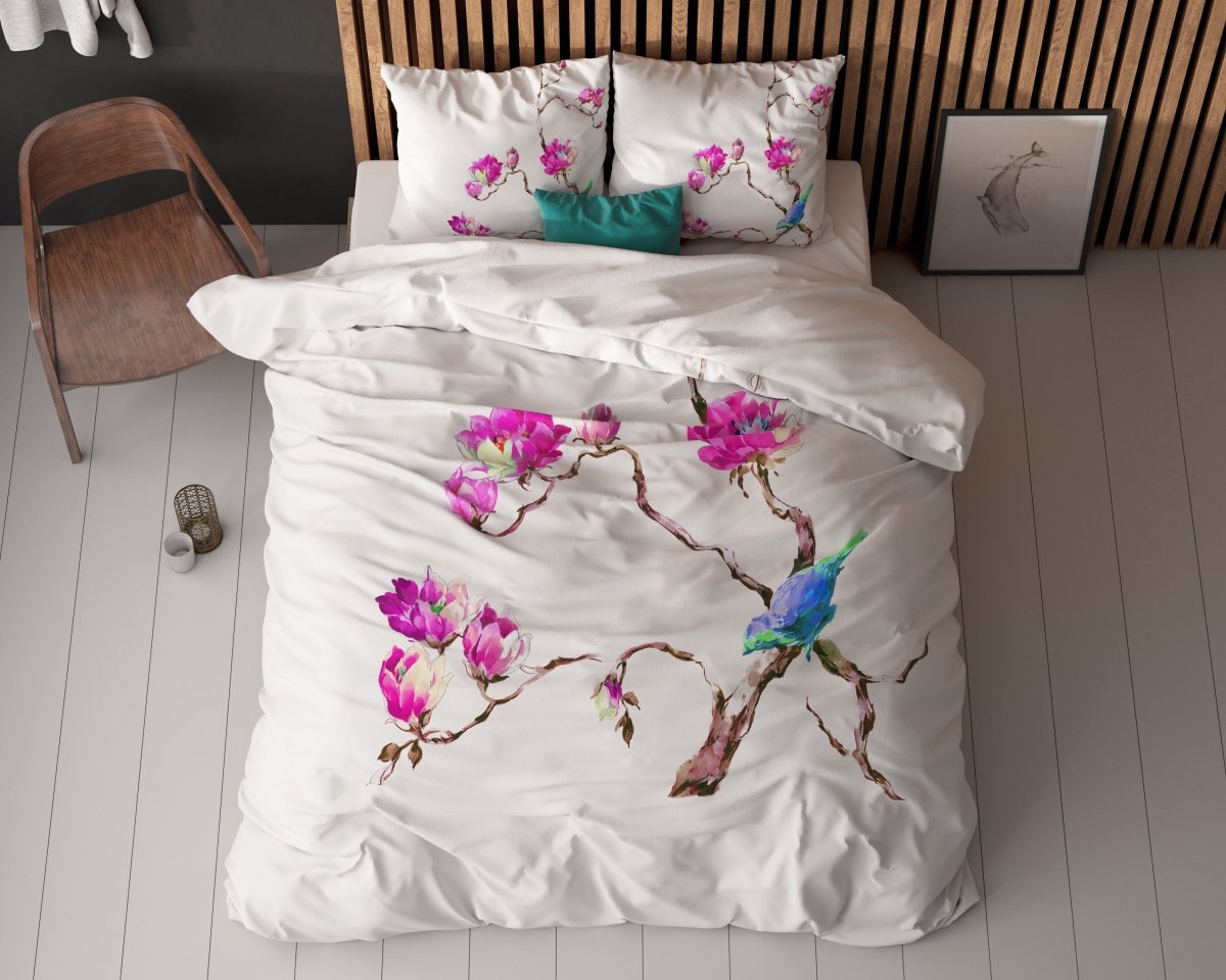 100% Microfibre Duvet Cover Set Magnolias | White | Single - 140cm (W) x 220cm (L) - The Bedding & Blankets Store