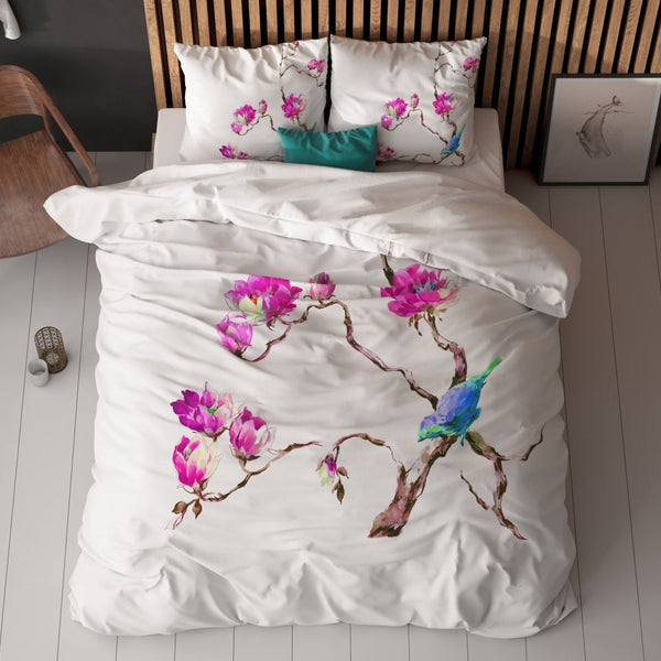 100% Microfibre Duvet Cover Set Magnolias | White | Single - 140cm (W) x 220cm (L) - The Bedding & Blankets Store