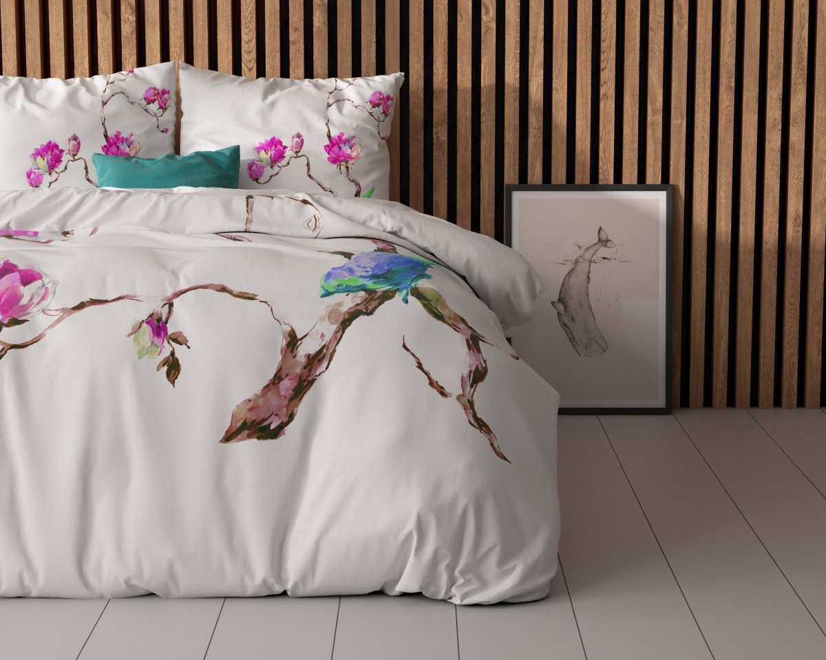 100% Microfibre Duvet Cover Set Magnolias | White | Single - 140cm (W) x 220cm (L) - The Bedding & Blankets Store