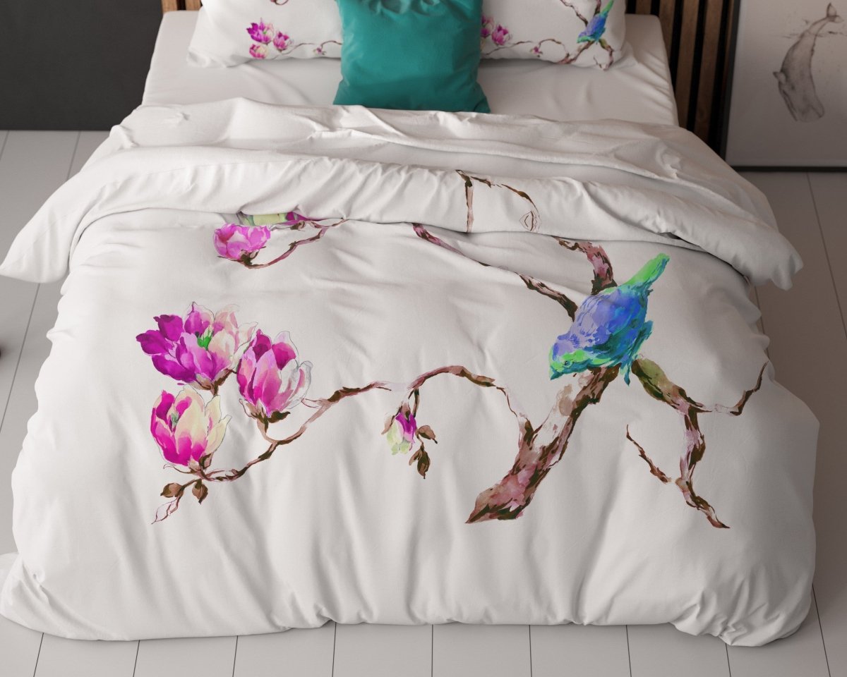 100% Microfibre Duvet Cover Set Magnolias | White | Single - 140cm (W) x 220cm (L) - The Bedding & Blankets Store