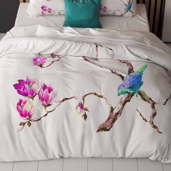 100% Microfibre Duvet Cover Set Magnolias | White | Single - 140cm (W) x 220cm (L) - The Bedding & Blankets Store