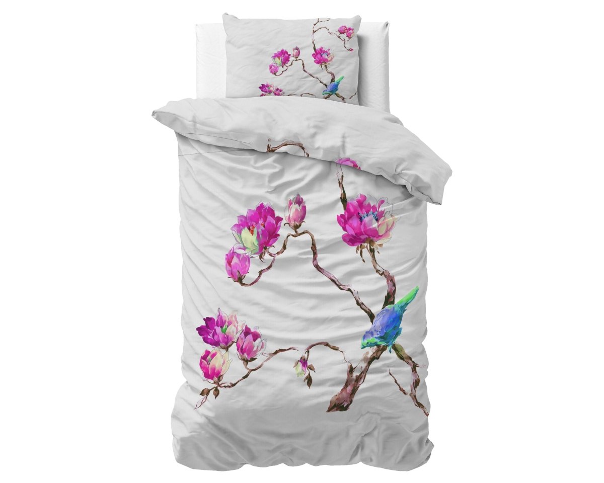 100% Microfibre Duvet Cover Set Magnolias | White | Single - 140cm (W) x 220cm (L) - The Bedding & Blankets Store