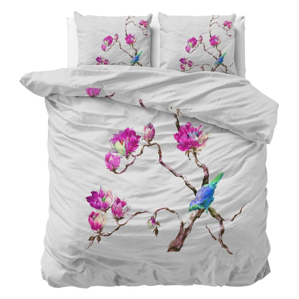 100% Microfibre Duvet Cover Set Magnolias | White | Single - 140cm (W) x 220cm (L) - The Bedding & Blankets Store