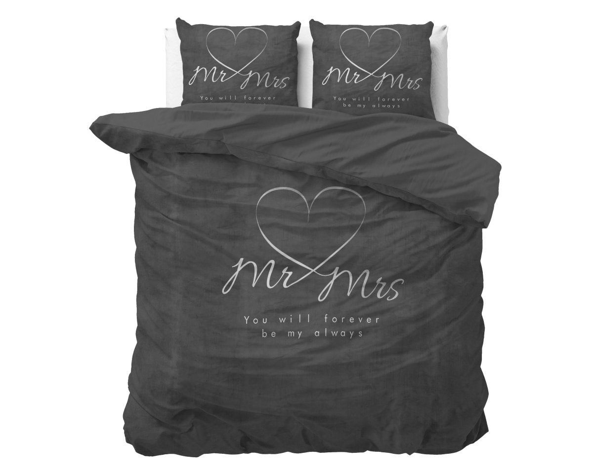 100% Microfibre Duvet Cover Set Mr and Mrs Heart | Grey Anthracite | Single - 140cm (W) x 220cm (L) - The Bedding & Blankets Store