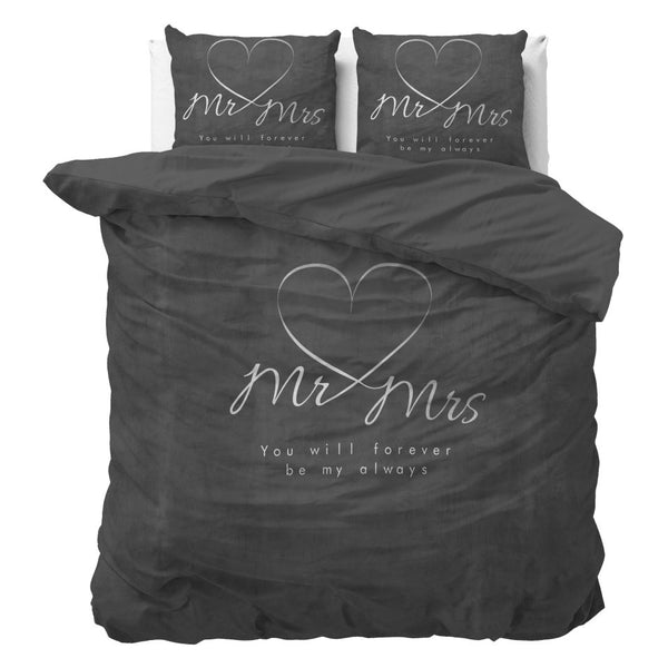 100% Microfibre Duvet Cover Set Mr and Mrs Heart | Grey Anthracite | Single - 140cm (W) x 220cm (L) - The Bedding & Blankets Store