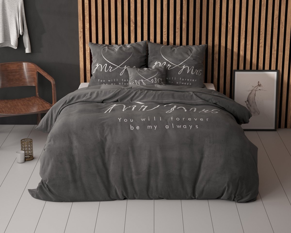 100% Microfibre Duvet Cover Set Mr and Mrs Heart | Grey Anthracite | Single - 140cm (W) x 220cm (L) - The Bedding & Blankets Store