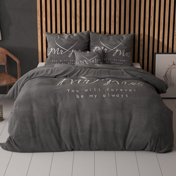 100% Microfibre Duvet Cover Set Mr and Mrs Heart | Grey Anthracite | Single - 140cm (W) x 220cm (L) - The Bedding & Blankets Store