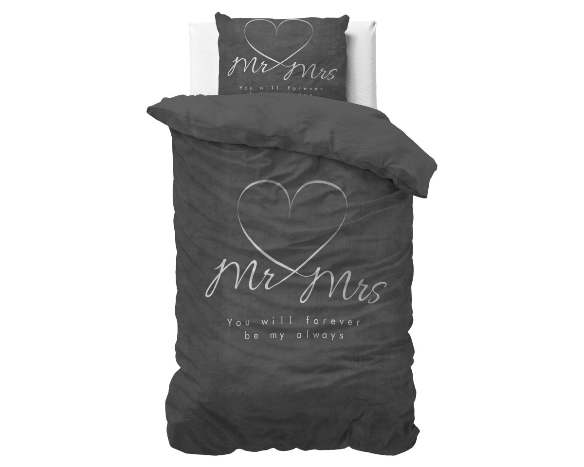 100% Microfibre Duvet Cover Set Mr and Mrs Heart | Grey Anthracite | Single - 140cm (W) x 220cm (L) - The Bedding & Blankets Store