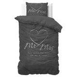100% Microfibre Duvet Cover Set Mr and Mrs Heart | Grey Anthracite | Single - 140cm (W) x 220cm (L) - The Bedding & Blankets Store