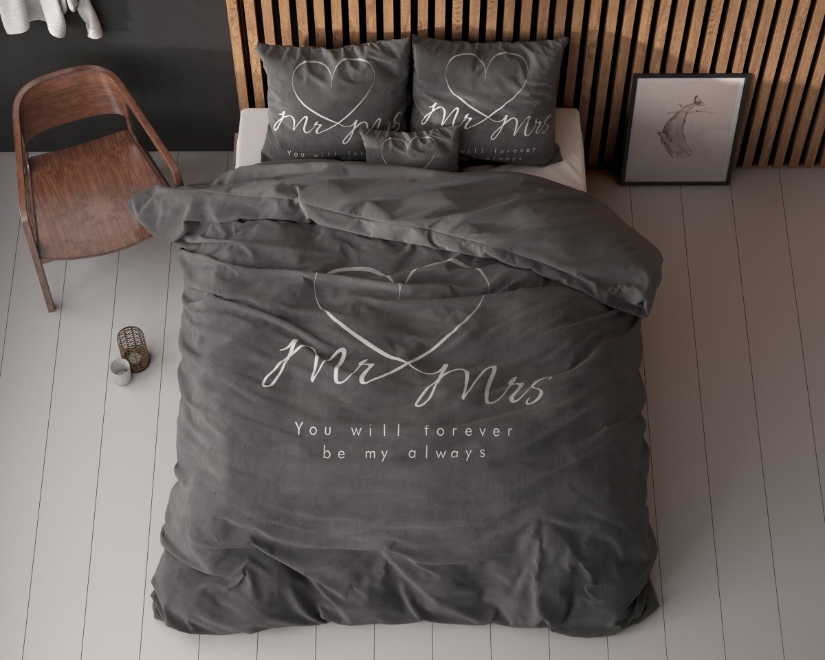 100% Microfibre Duvet Cover Set Mr and Mrs Heart | Grey Anthracite | Single - 140cm (W) x 220cm (L) - The Bedding & Blankets Store