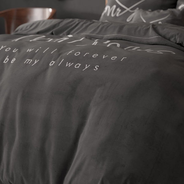 100% Microfibre Duvet Cover Set Mr and Mrs Heart | Grey Anthracite | Single - 140cm (W) x 220cm (L) - The Bedding & Blankets Store