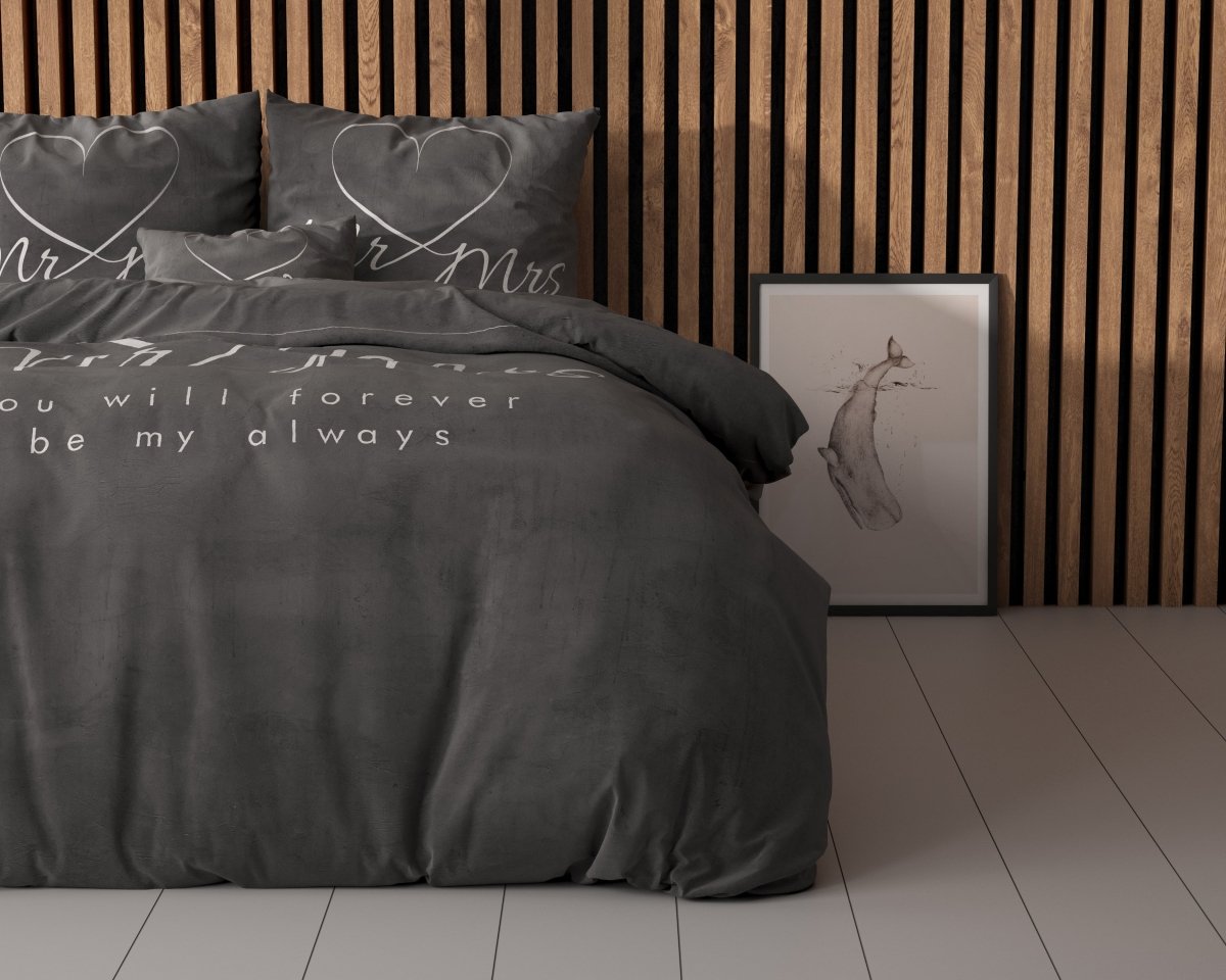 100% Microfibre Duvet Cover Set Mr and Mrs Heart | Grey Anthracite | Single - 140cm (W) x 220cm (L) - The Bedding & Blankets Store